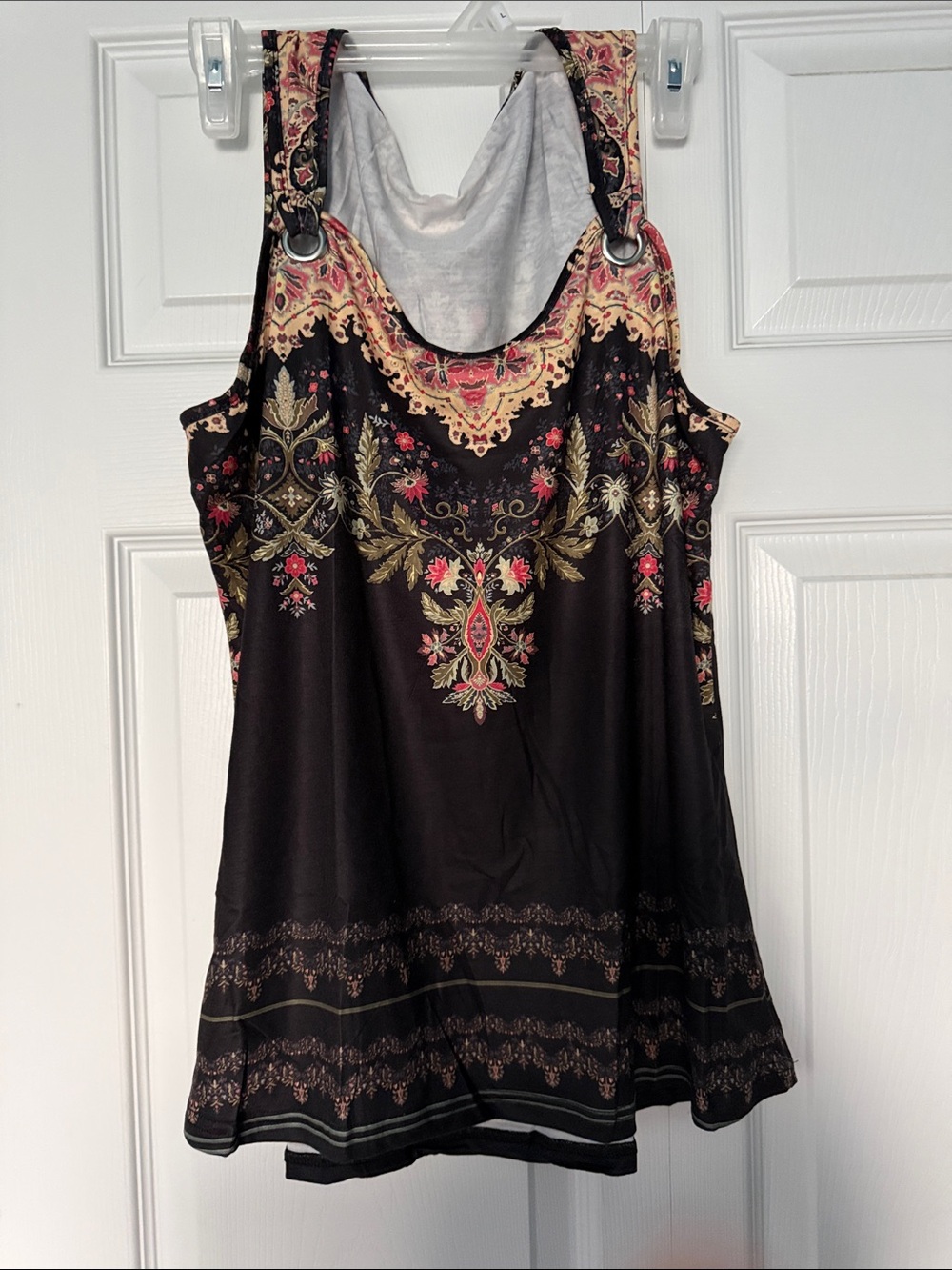 Black Floral-Print Tank Top with Gold Accents